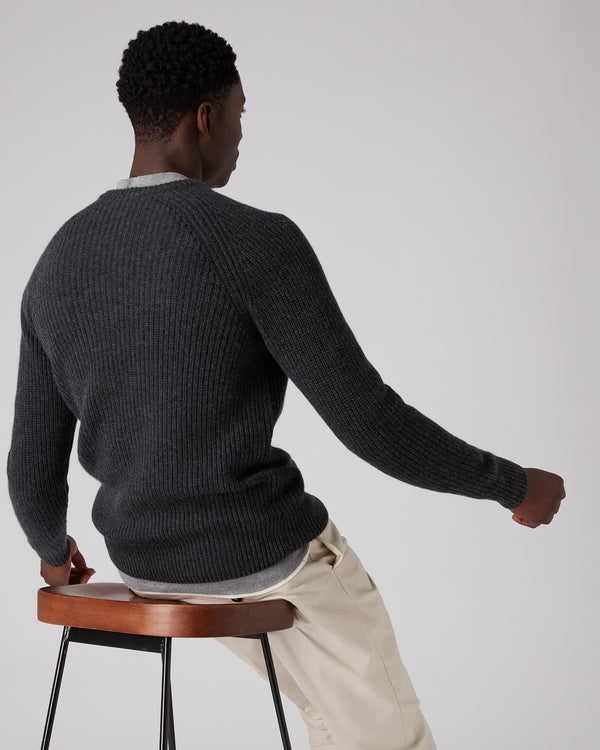 N.Peal 007 Fishermans Rib Round Neck Jumper Dark Charcoal Grey