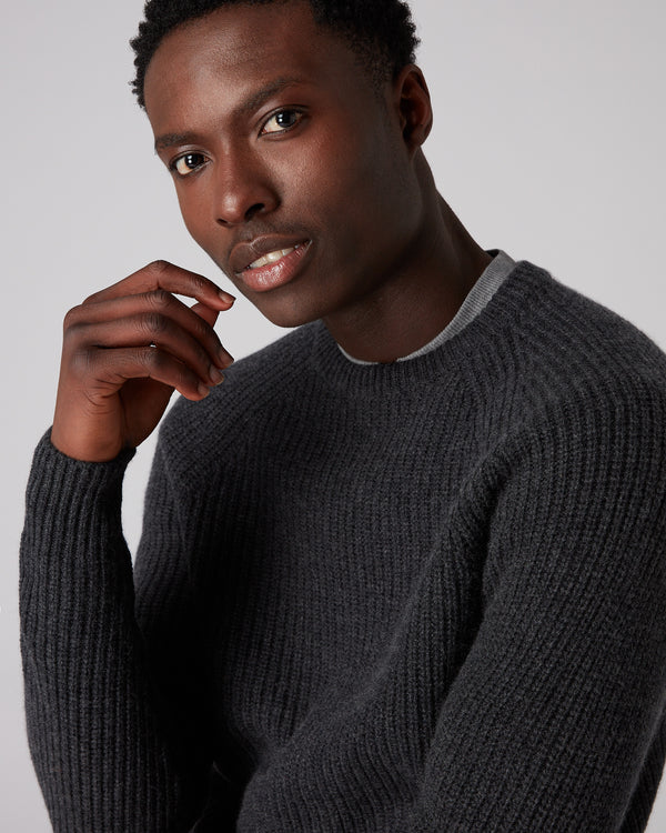 N.Peal 007 Fishermans Rib Round Neck Jumper Dark Charcoal Grey