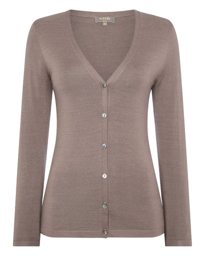 N.Peal Women's Superfine V Neck Cashmere Cardigan Fossil Brown