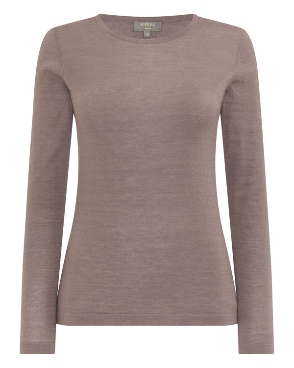 N.Peal Women's Superfine Long Sleeve Cashmere Top Fossil Brown