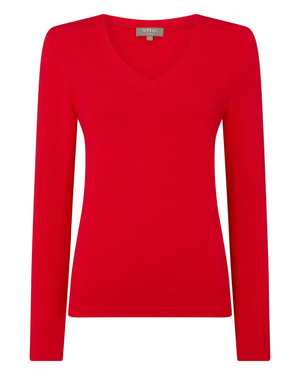 N.Peal Women's V Neck Cashmere Jumper Red
