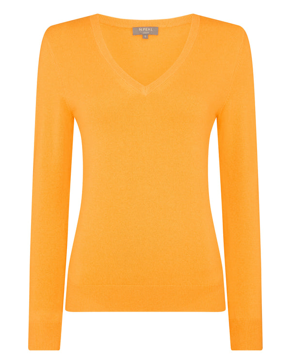 N.Peal Women's V Neck Cashmere Jumper Satsuma Orange