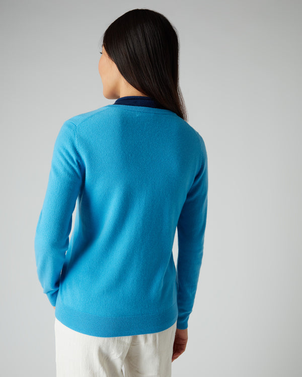 N.Peal Women's Round Neck Cashmere Cardigan Pool Blue