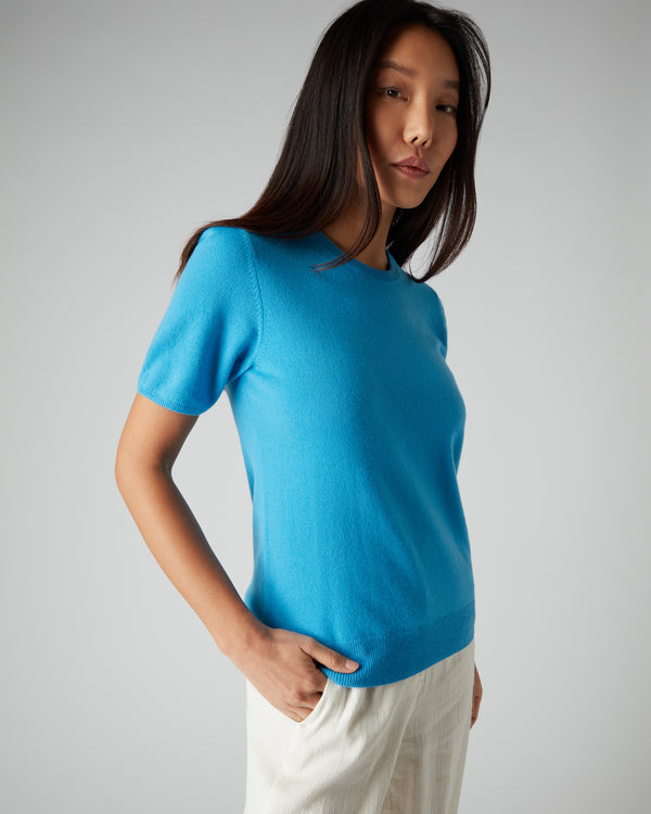 N.Peal Women's Round Neck Cashmere T Shirt Pool Blue