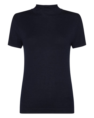 N.Peal Women's Superfine Mock Neck Cashmere T-Shirt Navy Blue