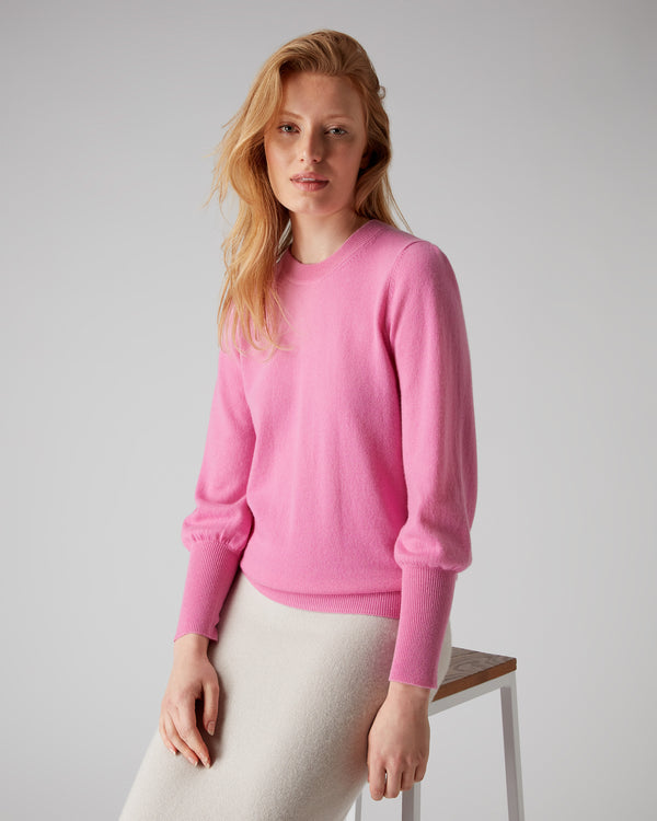 N.Peal Women's Deep Rib Puff Sleeve Cashmere Jumper Monroe Pink