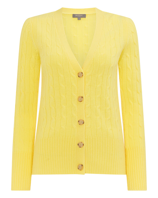 N.Peal Women's Cable V Neck Cashmere Cardigan Sunshine Yellow