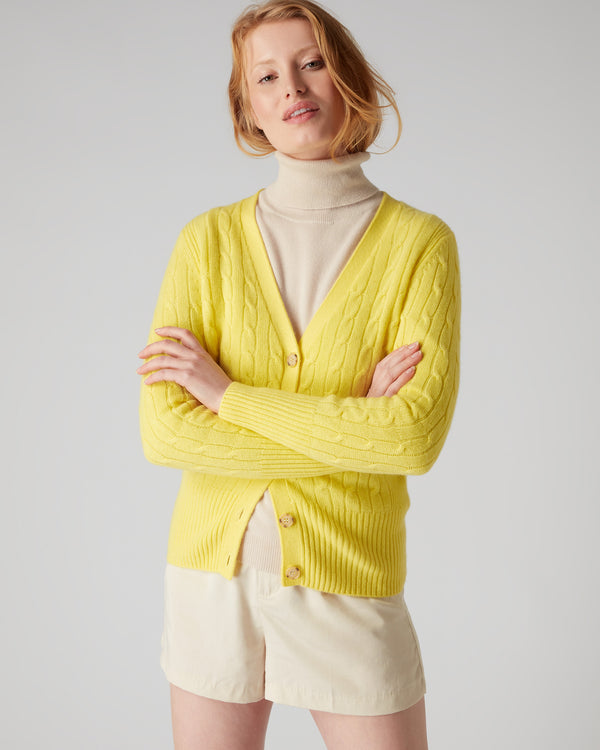 N.Peal Women's Cable V Neck Cashmere Cardigan Sunshine Yellow