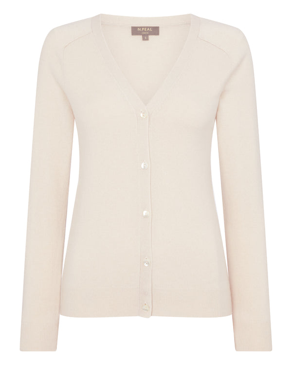 N.Peal Women's V Necked Cashmere Cardigan Almond White