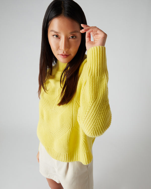 N.Peal Women's Cable Mock Neck Cashmere Jumper Sunshine Yellow