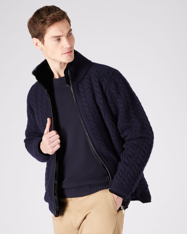 Men's Fur Lined Cable Cardigan Navy Blue | N.Peal
