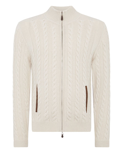 N.Peal Men's The Richmond Cable Cashmere Cardigan Almond White