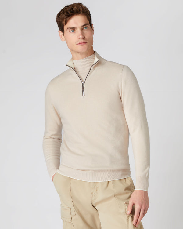 N.Peal Men's The Carnaby Half Zip Cashmere Jumper Almond White