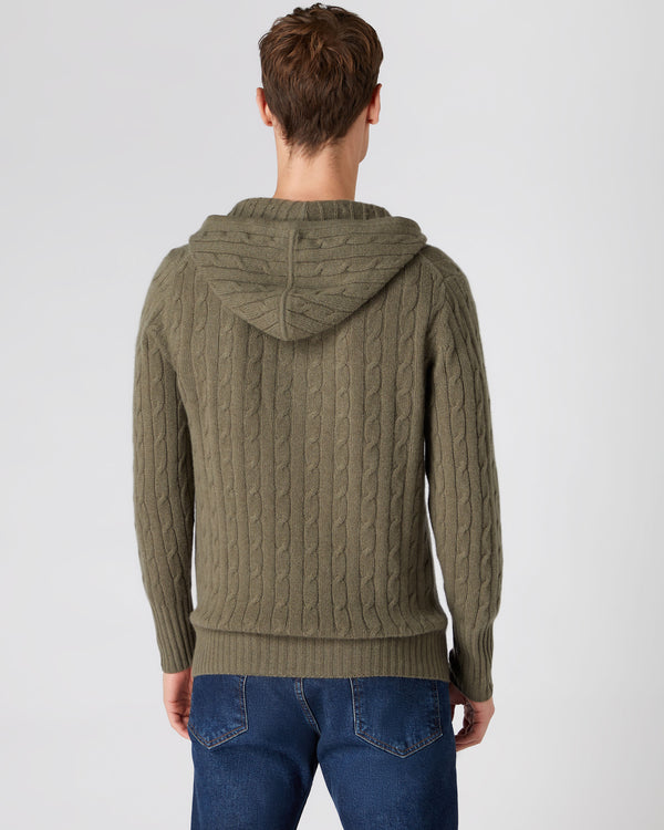 N.Peal Men's Cable Cashmere Hoodie Khaki Green