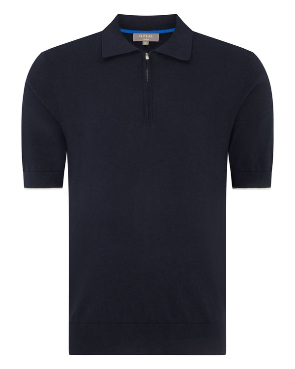 N.Peal Men's Half Zip Cotton Cashmere Polo T Shirt Navy Blue