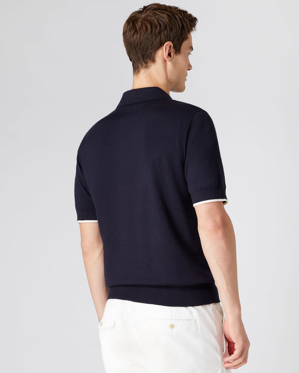 N.Peal Men's Half Zip Cotton Cashmere Polo T Shirt Navy Blue