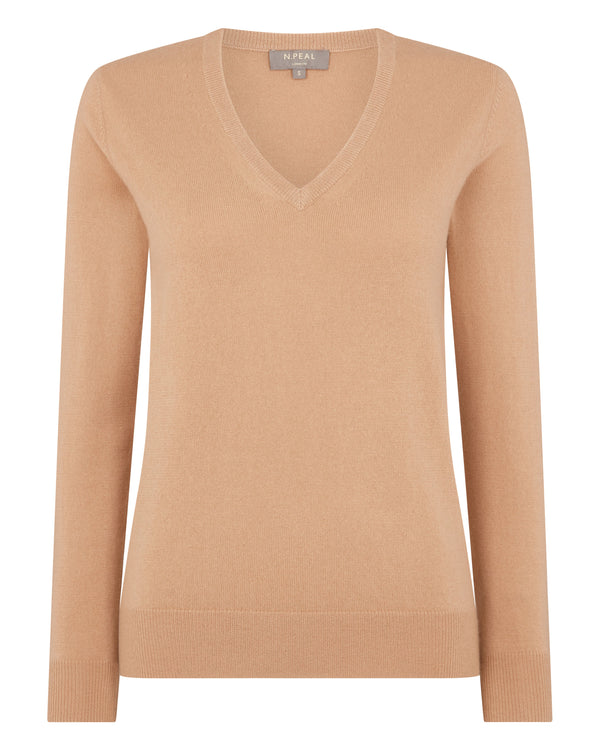 N.Peal Women's V Neck Cashmere Jumper Sahara Brown