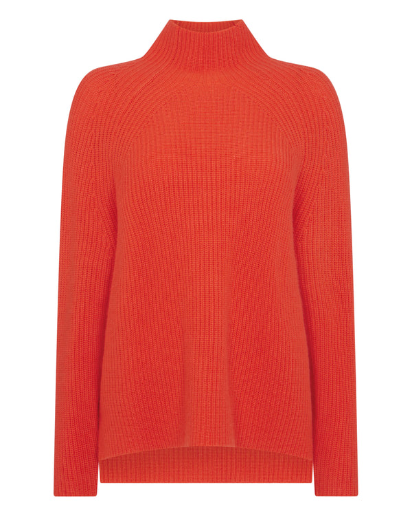N.Peal Women's High Neck Ribbed Cashmere Jumper Vermillion Red