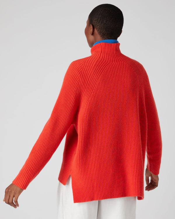 N.Peal Women's High Neck Ribbed Cashmere Jumper Vermillion Red