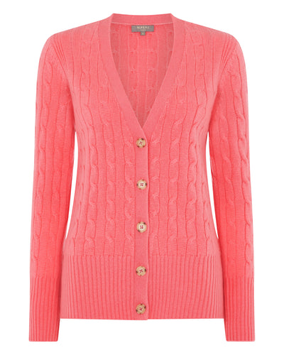 N.Peal Women's Cable V Neck Cashmere Cardigan Peony Pink