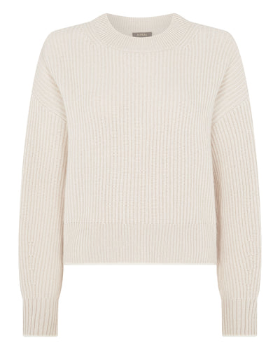 N.Peal Women's Ribbed Round Neck Cashmere Jumper Almond White