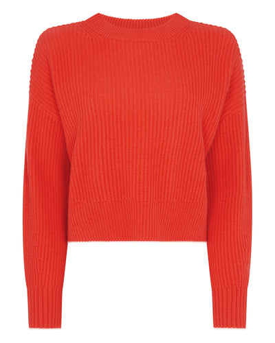 N.Peal Women's Ribbed Round Neck Cashmere Jumper Vermillion Red