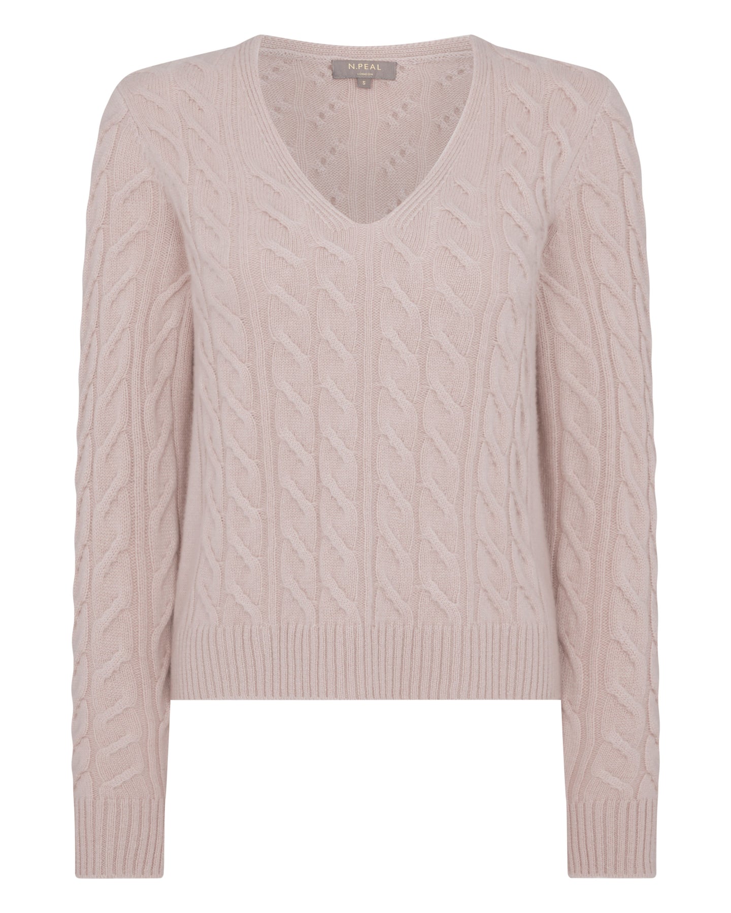 N.Peal Women's V Neck Cable Cashmere Jumper Canvas Pink