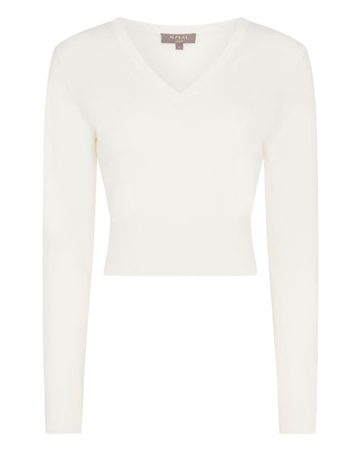 N.Peal Women's Crop V Neck Cashmere Jumper New Ivory White