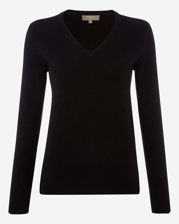 N.Peal Women's V Neck Cashmere Jumper Black