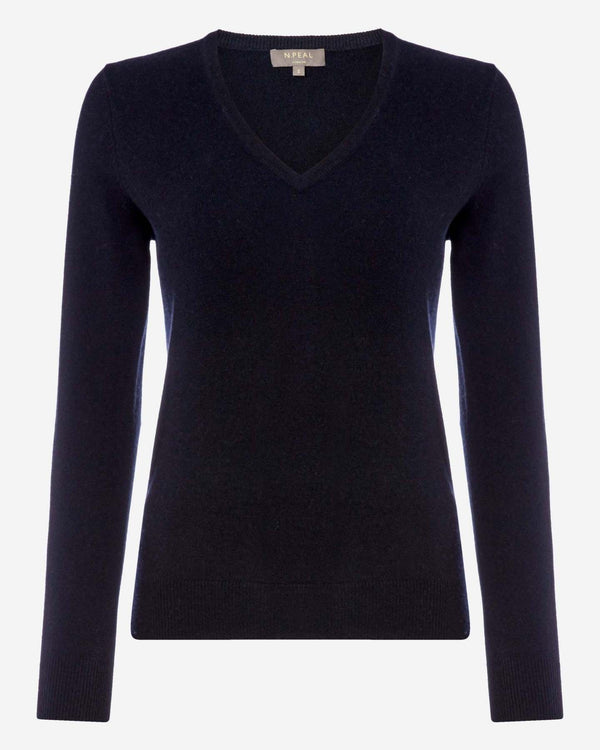 N.Peal Women's V Neck Cashmere Jumper Navy Blue