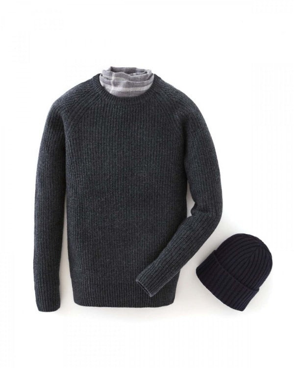 N.Peal 007 Fishermans Rib Round Neck Jumper Dark Charcoal Grey